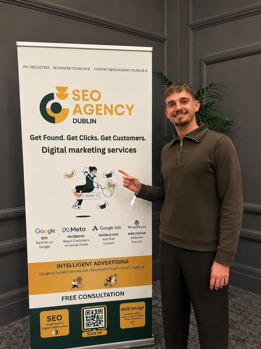 Stefan Antohi — Founder, SEO Agency Dublin Stefan Antohi, founder of SEO Agency Dublin, standing beside the agency's digital marketing banner