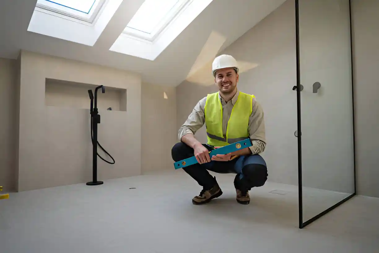 Engineer in protective work gear in a newly constructed bathroom, proudly admiring the finished work