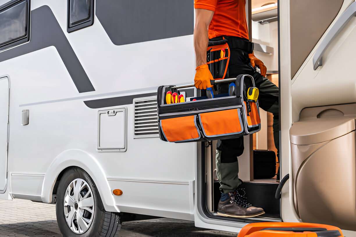 A technician wearing an orange shirt and work pants is entering a motorhome while carrying a toolbox.