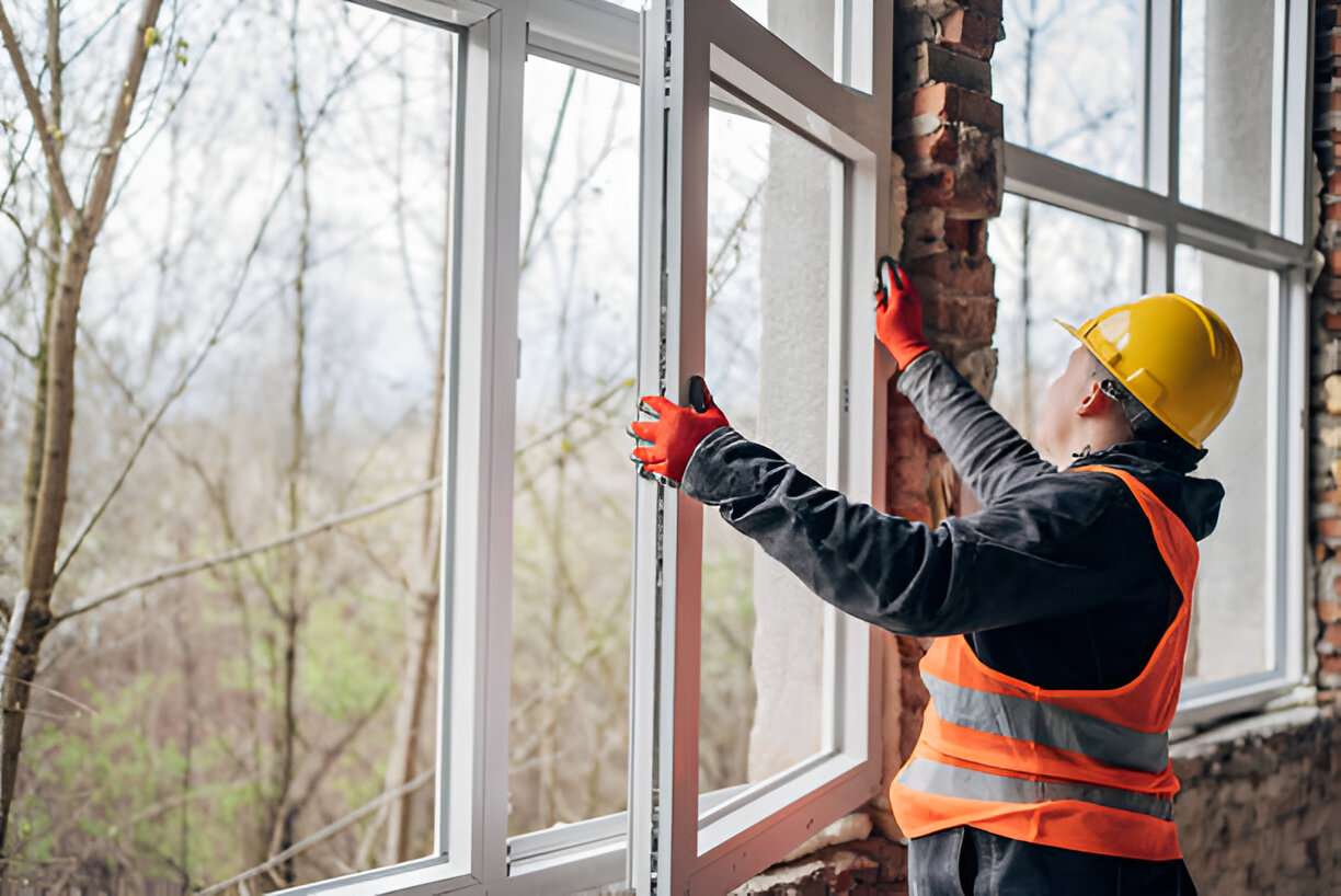 Professional worker in safety gear installs and adjusts large window frames at a new building site