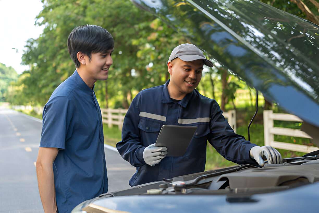 Professional mechanic talking with the car owner