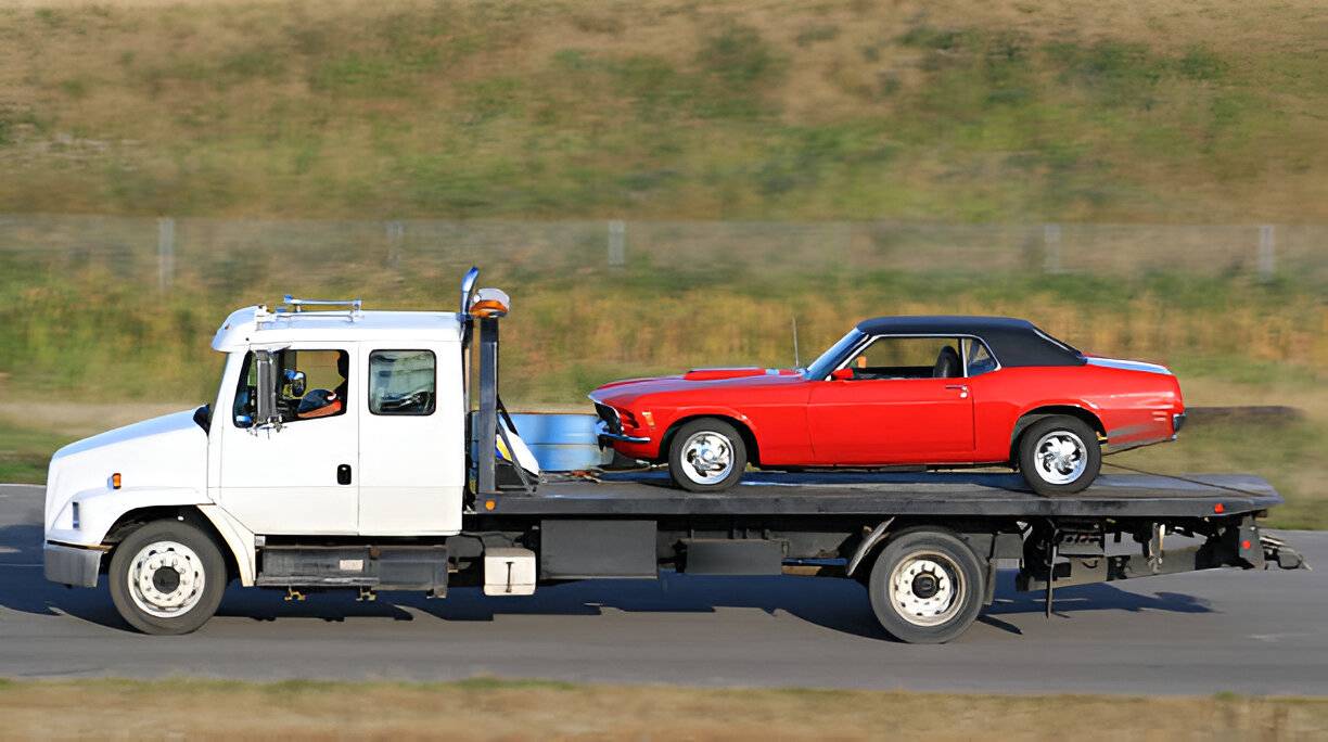 A red sports car being towed by a tow truck.