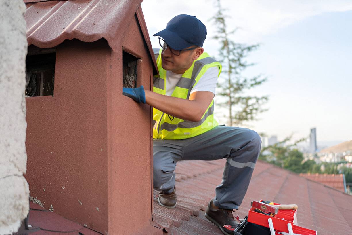 Contractor Worker Cleaning Chimney On The Roof Of House